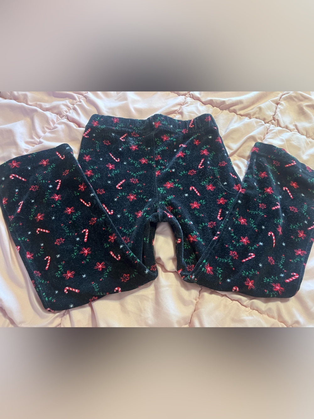 Vintage Parisian Kids Black Bottoms with Red Candy Cane & Green Holly Print - Picture 3 of 3